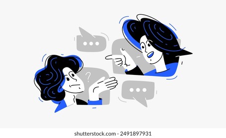 Two people talking online via some messenger with speech boxes, vector illustration of online video dialog, couple in speech bubbles.