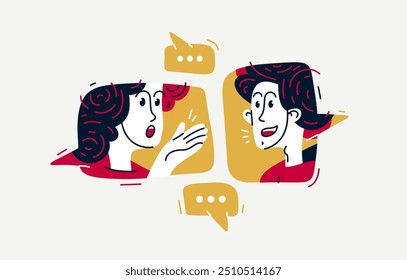 Two people talking online via some messenger with speech boxes, vector illustration of online video dialog, couple in speech bubbles.