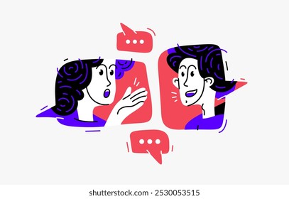 Two people talking online via some messenger with speech boxes, vector illustration of online video dialog, couple in speech bubbles.