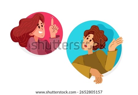 Two people talking online via some messenger with speech boxes, vector illustration of online video dialog, couple in speech bubbles.
