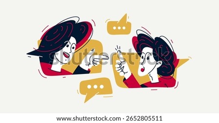 Two people talking online via some messenger with speech boxes, vector illustration of online video dialog, couple in speech bubbles.