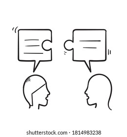 two people talking with speech bubble in puzzle shape symbol for fitting idea or solution. doodle style 