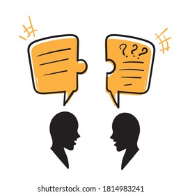 two people talking with speech bubble in puzzle shape symbol for fitting idea or solution. doodle style 