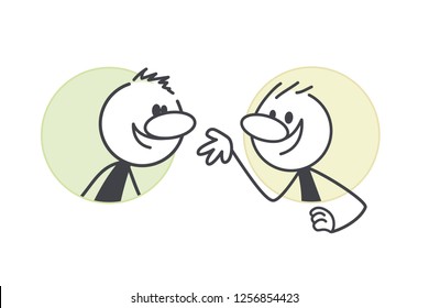 Two people talking. Stick figures in a round hole. Emotion expression concept design.