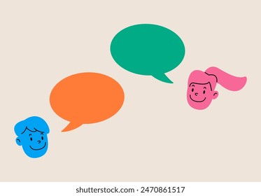 Two people talking through speech bubbles. Concept of communication. Colorful vector illustration
