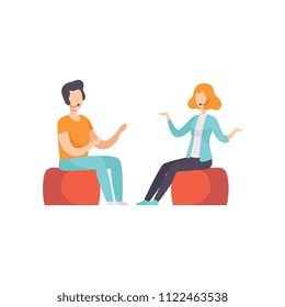 Two people talking in a TV studio, television interview, talk show vector Illustration on a white background