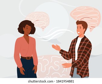 Two people talking vector background. Young man explain afro american woman something. Illustration of the process of understanding, learning in modern flat cartoon style