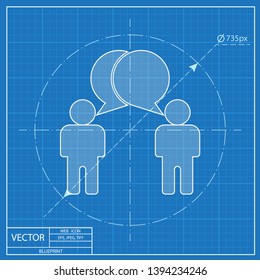 Two people talking vector blueprint icon. Dialog illustration.