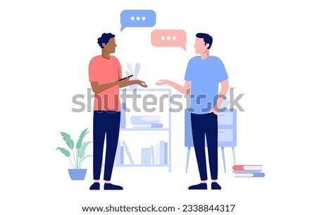 Two people talking - Vector illustration of men in office at work having discussion and conversation with speech bubbles. Flat design with white background