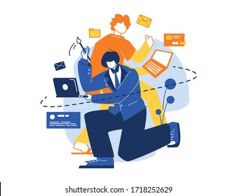 Two People Team Work, Remotely Using A Laptop Vector Illustration.