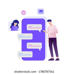 Two people texting each other to send and receive a message directly. Vector illustration with purple gradient style 