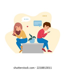 Two people are chatеing and texting using mobile phones and sitting with their backs to each other. Chat messaging technology communication. Flat vector character illustration