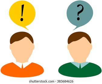 two people with the thoughts in my head with a question mark and an exclamation point