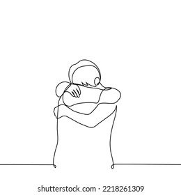 dos personas abrazándose fuertemente entre ellas con sus caras enterradas - un vector de dibujo de una línea. el concepto llorar juntos, consolarse, un fuerte abrazo de personas perdidas, una familia de duelo