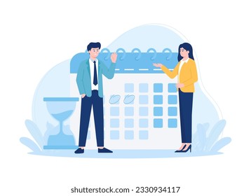 Two people with time and calendar trending concept flat illustration