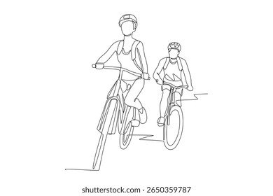 Duas pessoas estão viajando de bicicleta. Biking tours conceito desenho de uma linha