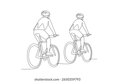 Duas pessoas estão viajando de bicicleta. Biking tours conceito desenho de uma linha
