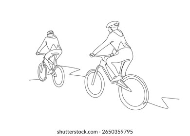 Duas pessoas estão viajando de bicicleta. Biking tours conceito desenho de uma linha