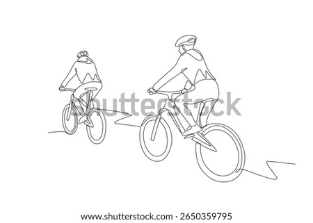 Two people are touring by bicycle. Biking tours concept one-line drawing