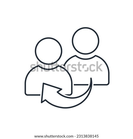 Two people and a transfer arrow between them.To convey, to share an idea, a skill, an impression.Vector linear icon isolated on white background.