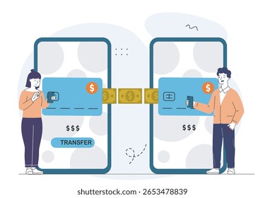 Dos personas que transfieren dinero usando teléfonos inteligentes, concepto de transacción de billetera digital en estilo gráfico plano, sobre un fondo blanco. Ilustración vectorial