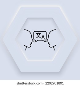 Two people with translator line icon. Translation service, speech bubble, different languages, interpreter, app. Polyglot concept. Neomorphism style. Vector line icon for Business and Advertising