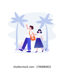 Two people trip and holiday to explore the world together. They travel with happy. Vector illustration with minimalism style