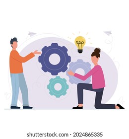Two people turning gears, searching for creative solutions. Business man and woman building gear wheels. Cogwheel cooperation concept. Teamwork, collaboration, management and organisation.