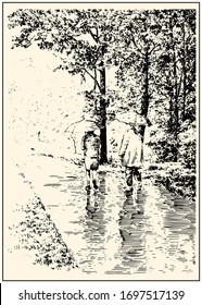 Two people with umbrellas walk along a path in a park under the rain. Summer scene with trees and grass. Black and white hand drawing with pen and ink. Engraving, etching, old sketch style.