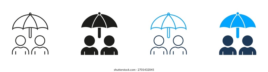 Two People Under Umbrella Line And Solid Icon Set. Protection, Safety, And Security Symbol Collection. Shelter And Care Concepts. Isolated Vector Illustration.