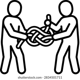 Two people untying a complex rope knot together