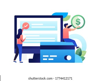 Two people use cashless payment to pay their transaction while they are do an online shopping. They use credit to make transaction easier and secure. Vector illustration with minimalism style