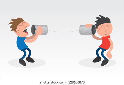 Two people using cans on a string to communicate