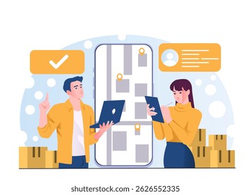 Two people using digital devices for tracking and managing delivery logistics, flat style, with a smartphone and boxes on a white background. Concept of shipment tracking. Vector illustration - Powered by Shutterstock - Get 15% off with code: PIKWIZARD15