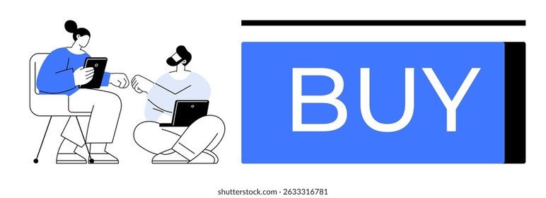 Two people using digital devices to discuss a purchase, alongside a large blue BUY button. Ideal for e-commerce, online shopping, digital transactions, marketing, business strategy, technology, user