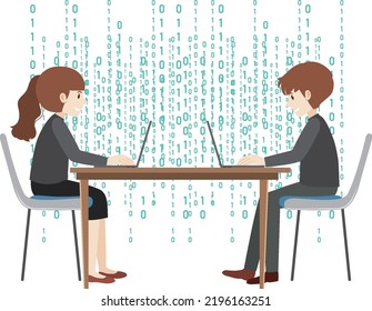 Two People Using Laptop With Binary Code Background Illustration