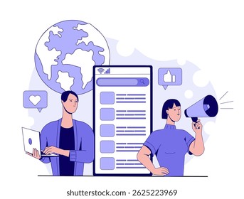 Two people using laptop and megaphone near smartphone with global social media content, flat style on white background. Concept of online communication. Vector illustration