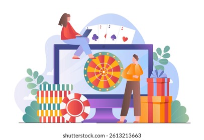 Two people using a laptop and standing near a large screen showing a roulette wheel, surrounded by poker chips, playing cards, and gift boxes. Vector illustration