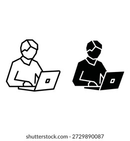 Dos personas que usan computadoras portátiles, una en blanco y otra en dispositivos digitales en blanco y negro de estilo geométrico