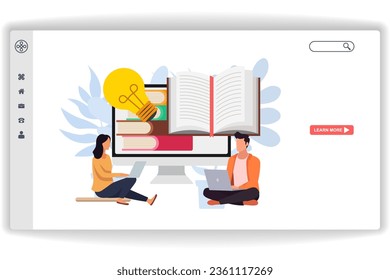 Two people are using laptops to study. website page Online Learning. Modern flat design concept of web page design for website and mobile website