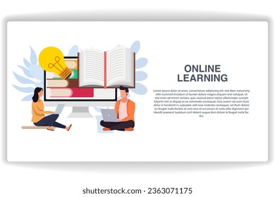 Two people are using laptops to study. website page Online Learning. Modern flat design concept of web page design for website and mobile website