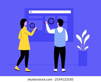 Two people using magnifying glasses to search information online with search bar on large interactive screen. Concept of teamwork online research and data analysis. Flat vector illustration.