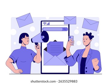Two people using mobile and megaphone near giant smartphone with envelopes, minimal flat style on light background, concept of communication and promotion. Vector illustration