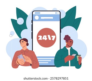 Two people using smartphones near a large phone screen displaying 24 7, surrounded by leaves and clouds. Modern flat design. Concept of constant connectivity. Vector illustration