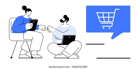 Two people using tablet and laptop discuss online shopping while seated beside a large blue shopping cart icon in a speech bubble. Ideal for online shopping, e-commerce, business discussion