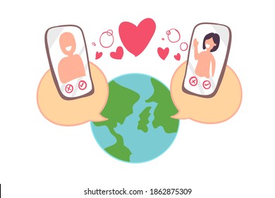 Two people Video call each other in Long distance relationship Smartphone and internet connecting with pandemic physical distancing time. Drawing free hand vector illustration with separate layers.