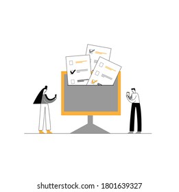 Dos personas votando en línea, concepto de votación en línea. Ilustración moderna de bloques de color plano en colores negros y amarillos.