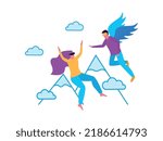 Two people in vr glasses exploring virtual reality flying in sky flat vector illustration