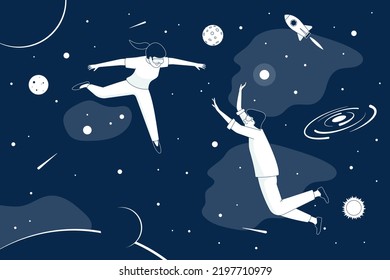 Two people in vr glasses flying in universe with planets and stars. Virtual reality scene, new digital game or adventures. Space travel recent vector illustration