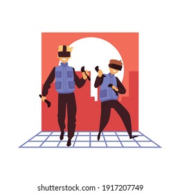 Two people in VR glasses playing virtual reality game in 3D space. Cartoon players wearing futuristic headset and using joysticks, isolated vector illustration